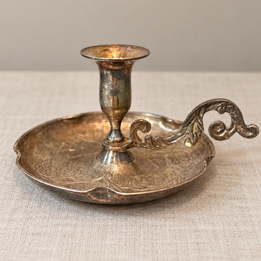 Vintage Silver plated Chamberstick Candle Holder Ornate Floral Victorian Style